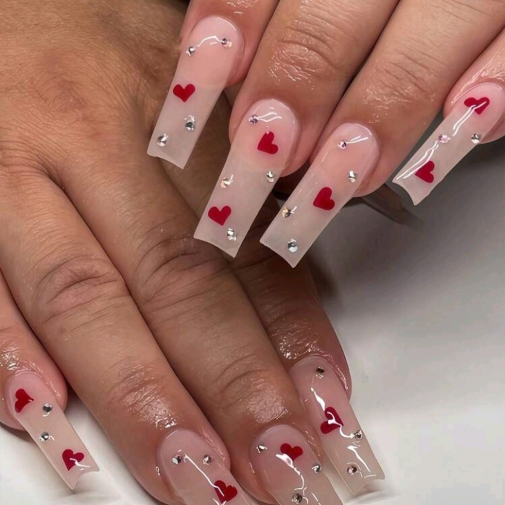 Press On Nails Red Hearts design with Rhinestones 10pcs